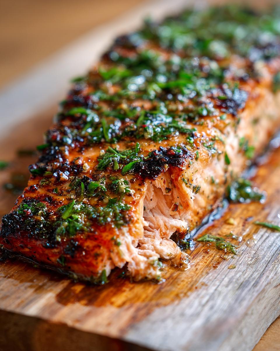 Close-up of a perfectly grilled cedar plank salmon fillet topped with fresh herbs and a glaze.