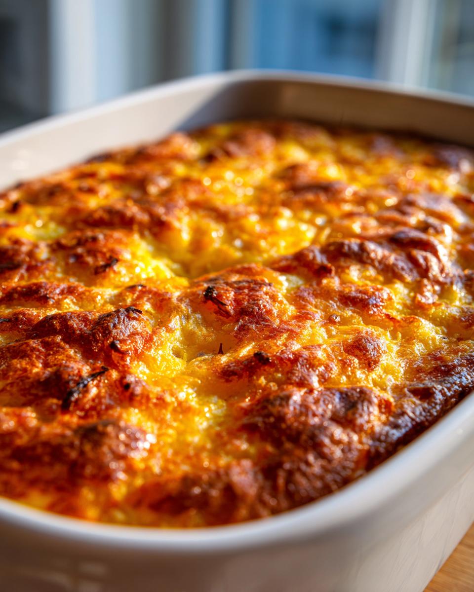 Close-up of a golden-brown cheesy hash brown casserole fresh from the oven, perfect for breakfast.