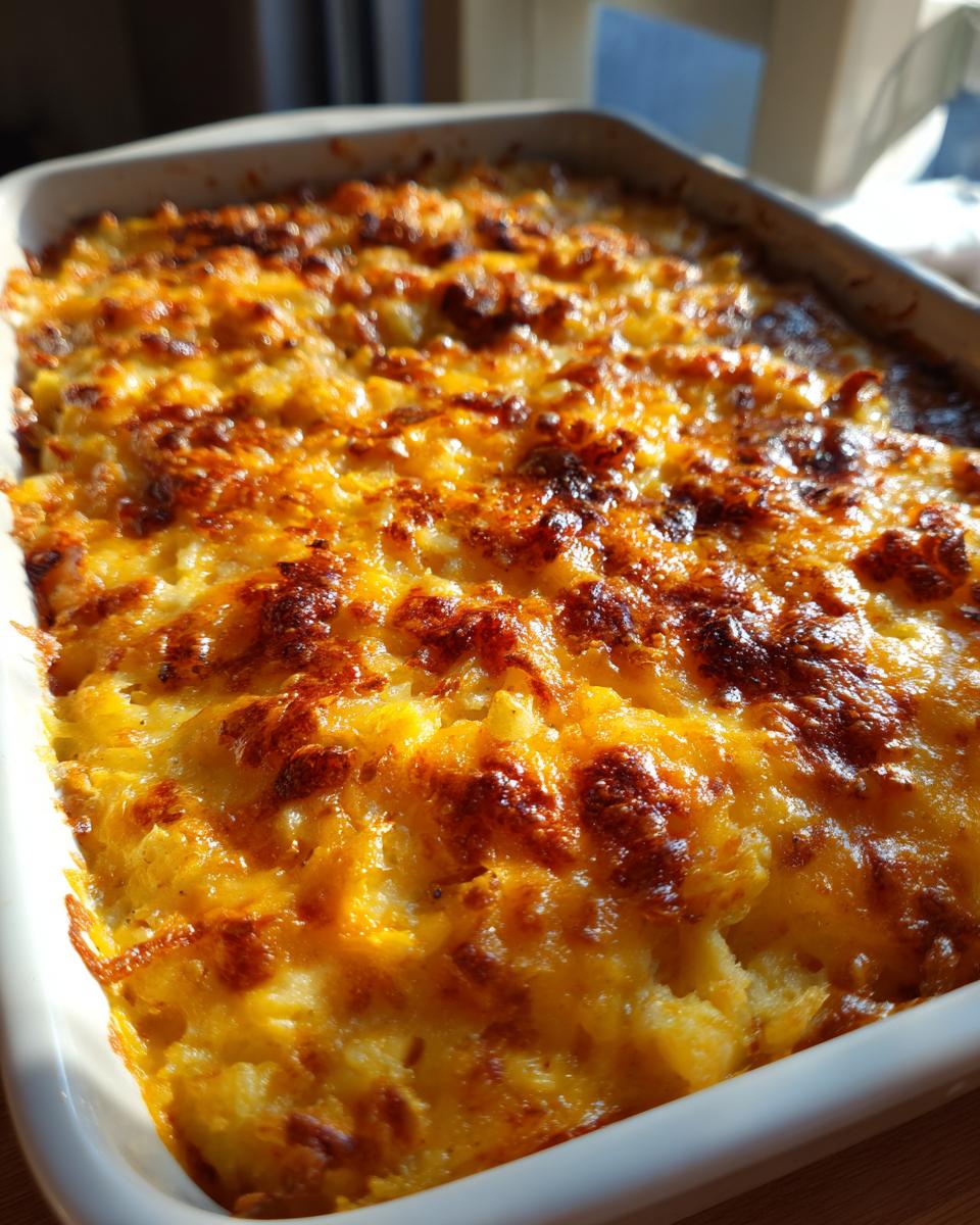 Close-up of a golden-brown, bubbly cheesy hash brown casserole in a white baking dish.
