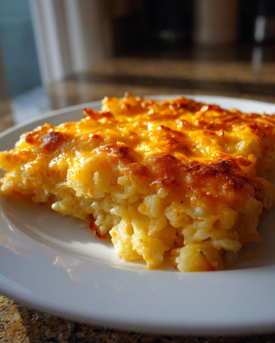 A slice of cheesy hash brown casserole, a perfect breakfast idea, on a white plate.