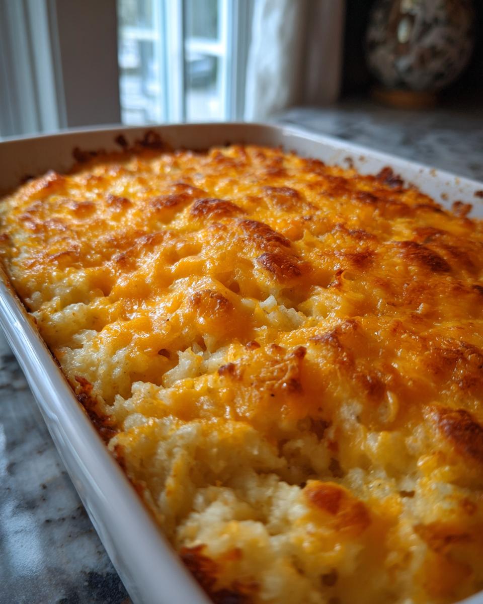 Close-up of a golden-brown cheesy hash brown casserole in a white baking dish, perfect for breakfast ideas.