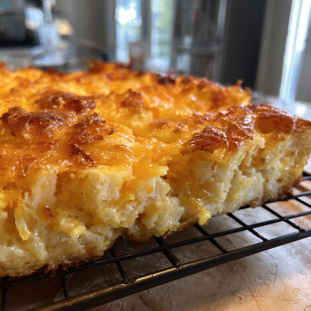 A close-up of a slice of cheesy hash brown casserole, showcasing the golden-brown melted cheese topping and fluffy interior.