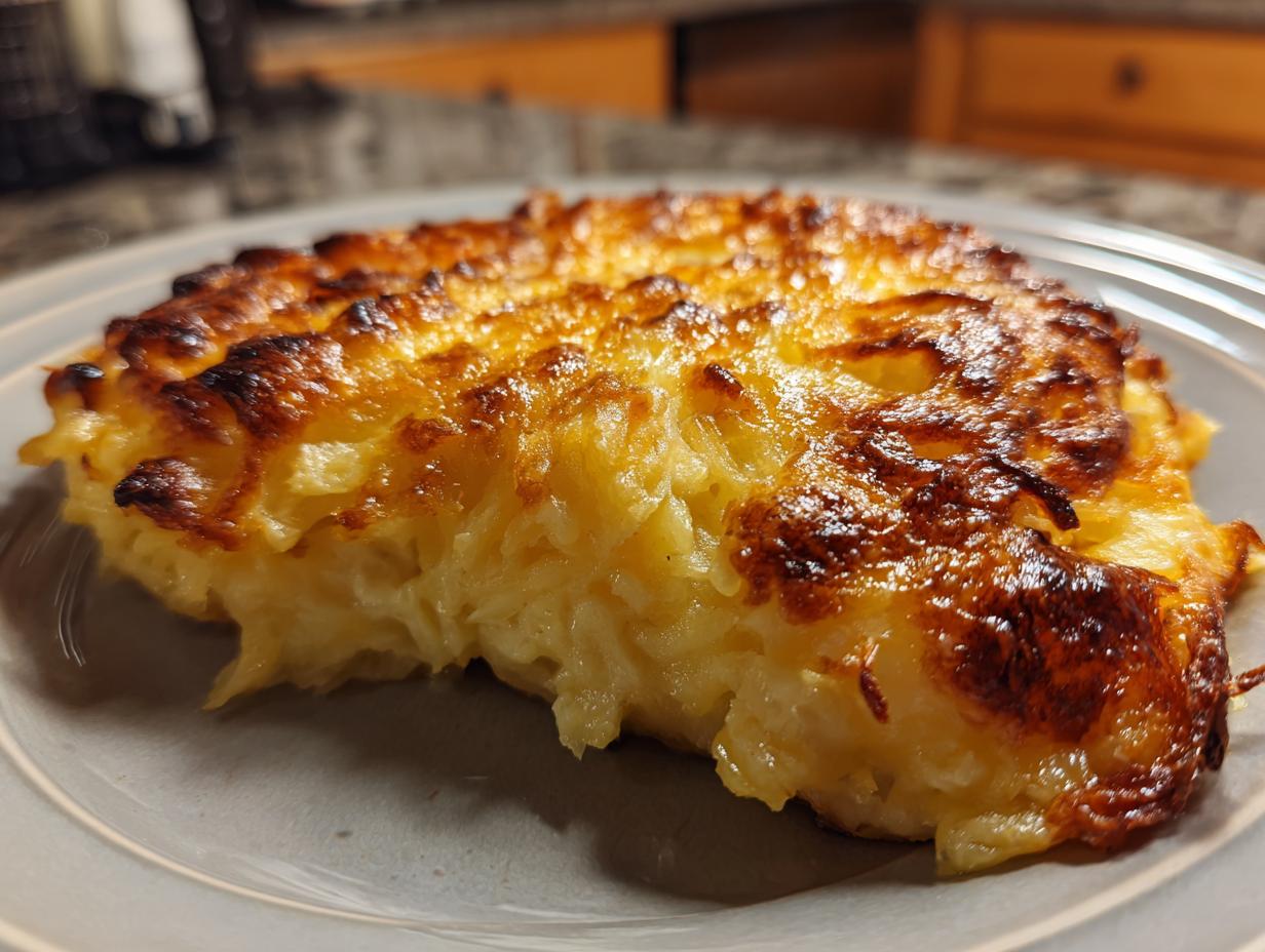 A golden-brown slice of cheesy hash brown casserole on a plate, showing crispy edges and a fluffy interior.