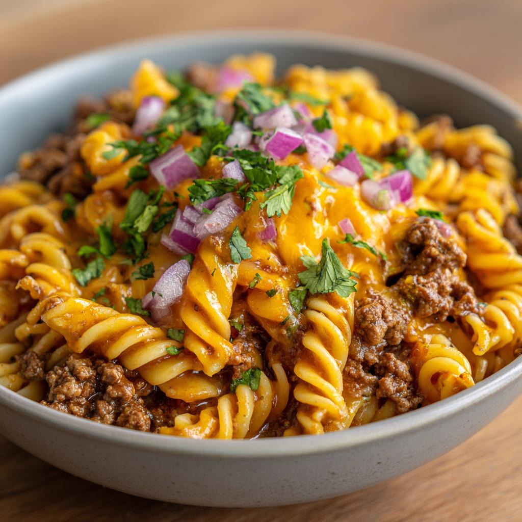A bowl of cheesy taco pasta with ground beef, topped with red onions and cilantro. A perfect ground beef recipe for weeknights.