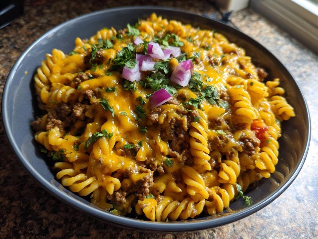 A bowl of cheesy taco pasta with ground beef, topped with fresh cilantro and red onion.