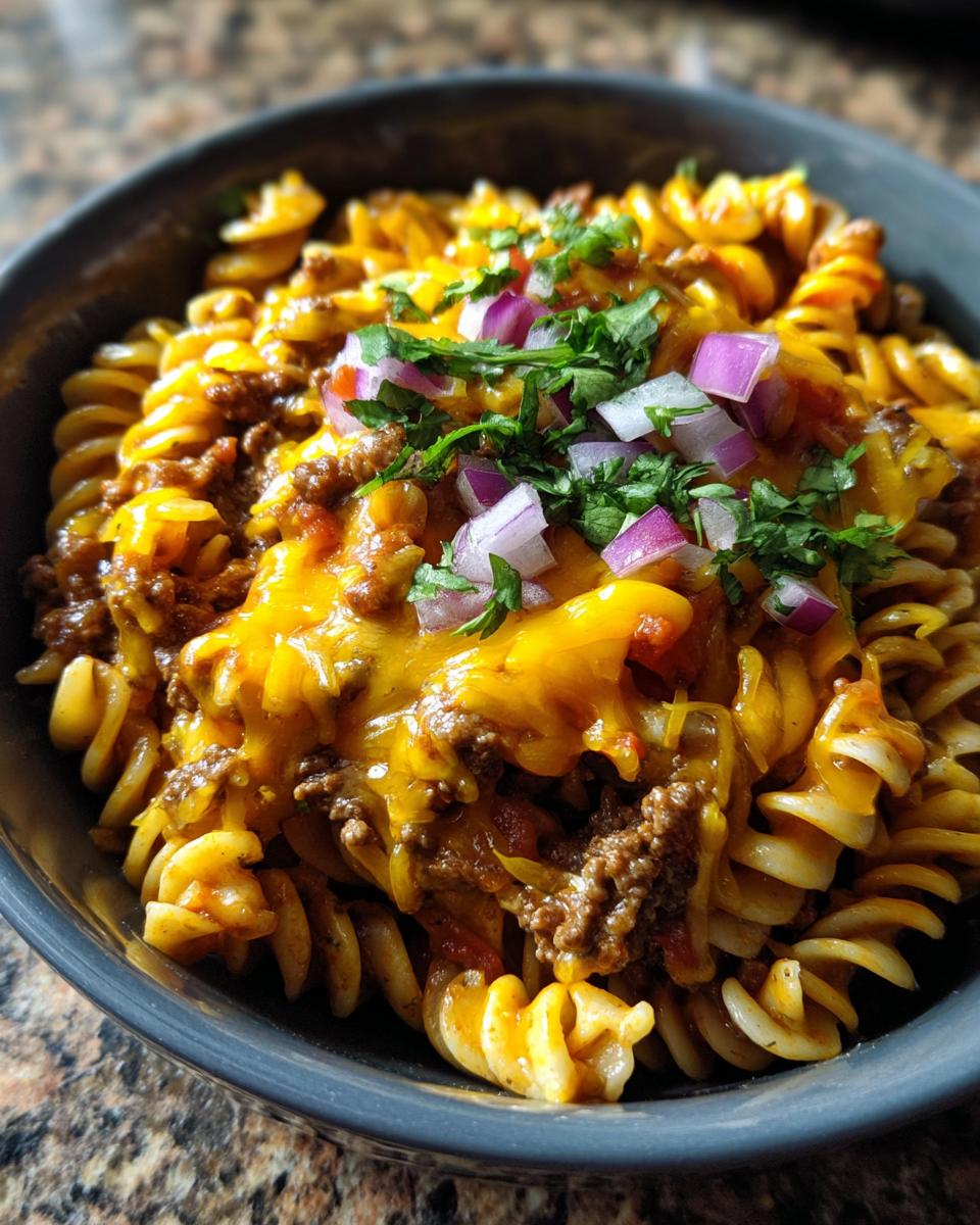 A close-up of cheesy taco pasta with ground beef, topped with red onions and cilantro.