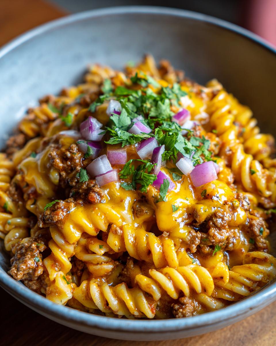 A close-up of cheesy taco pasta with ground beef, topped with red onions and cilantro.