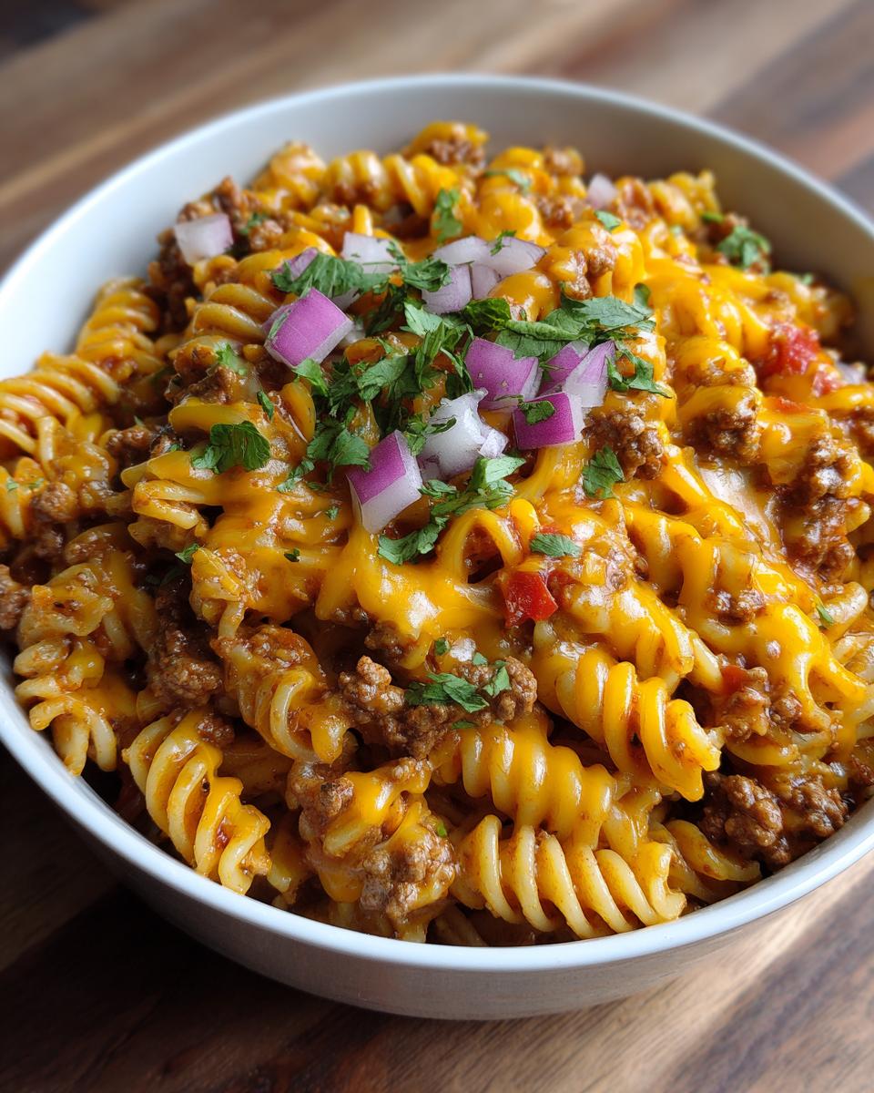 A bowl of cheesy taco pasta with ground beef, topped with diced red onion and cilantro.