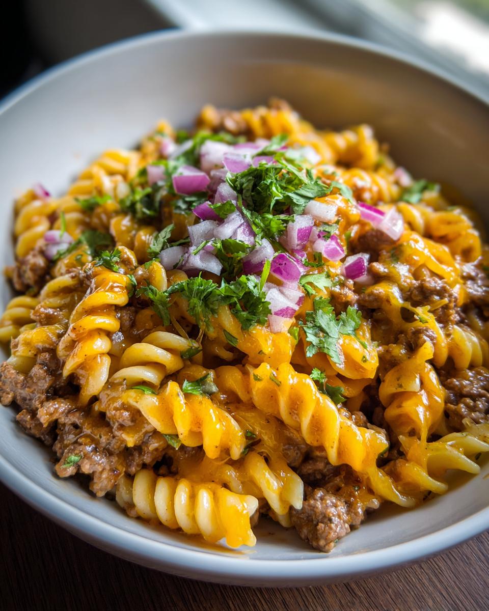 A close-up of cheesy taco pasta with ground beef, topped with red onions and cilantro.