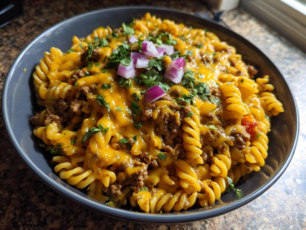 A bowl of cheesy taco pasta with ground beef, topped with fresh cilantro and red onion.