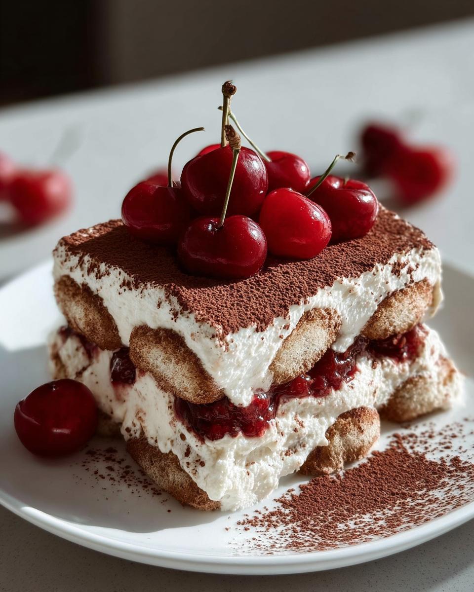 A decadent slice of Cherry Amaretto Tiramisu, layered with cream and cherries, topped with fresh cherries and cocoa powder.