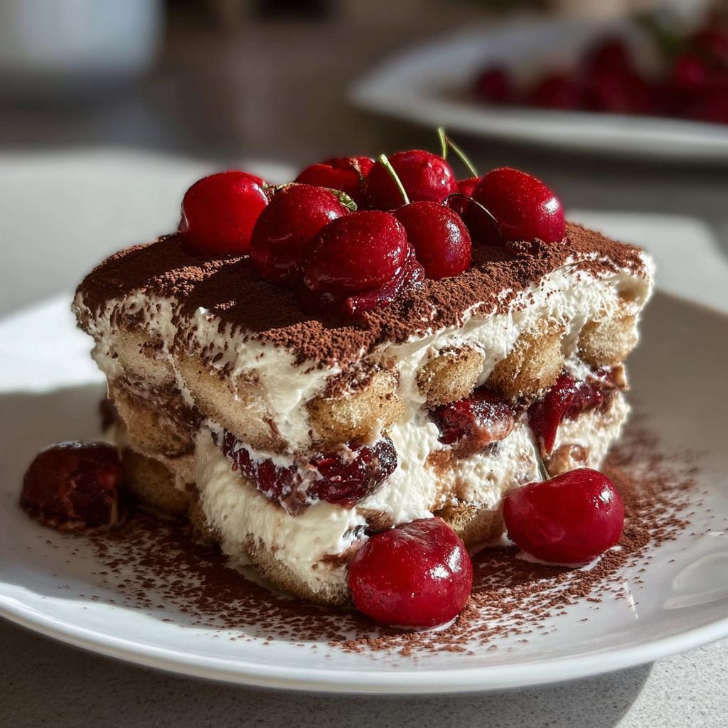 A decadent slice of Cherry Amaretto Tiramisu, layered with ladyfingers, mascarpone cream, and cherries, topped with fresh cherries and cocoa powder.