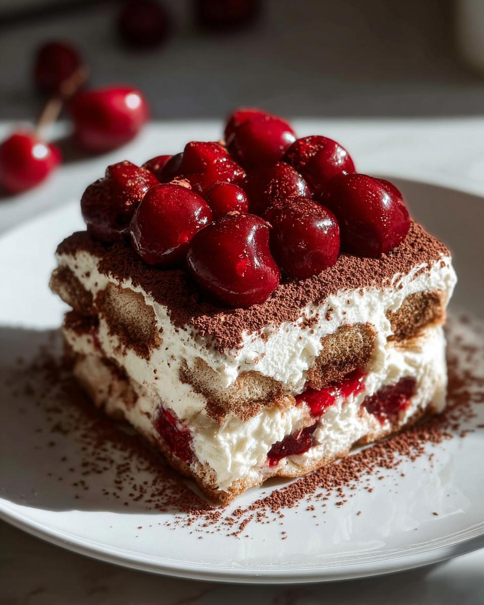 A decadent slice of Cherry Amaretto Tiramisu, layered with ladyfingers, cream, and cherries, topped with fresh cherries and cocoa powder.