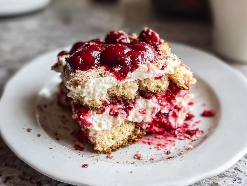 A decadent slice of Cherry Amaretto Tiramisu, featuring layers of ladyfingers, cream, and cherry compote.