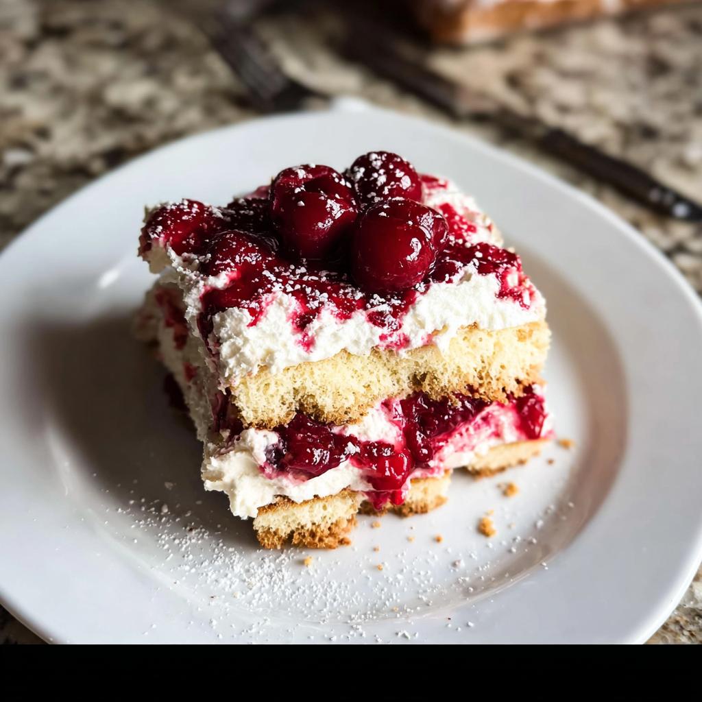 A decadent slice of Cherry Amaretto Tiramisu, layered with cake, cream, and cherry compote, topped with fresh cherries and powdered sugar.