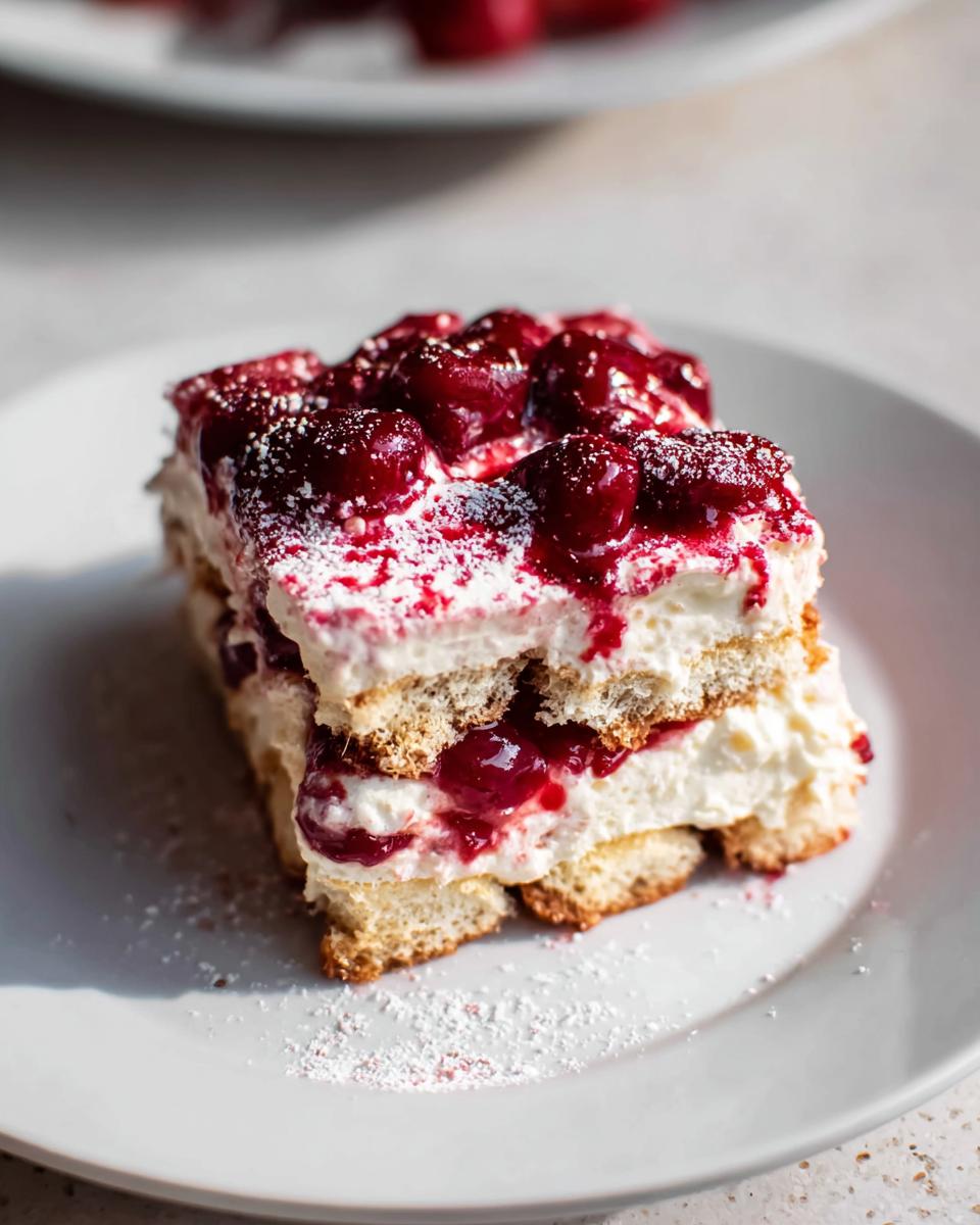 A decadent slice of Cherry Amaretto Tiramisu, layered with ladyfingers, cream, and topped with cherries and powdered sugar.