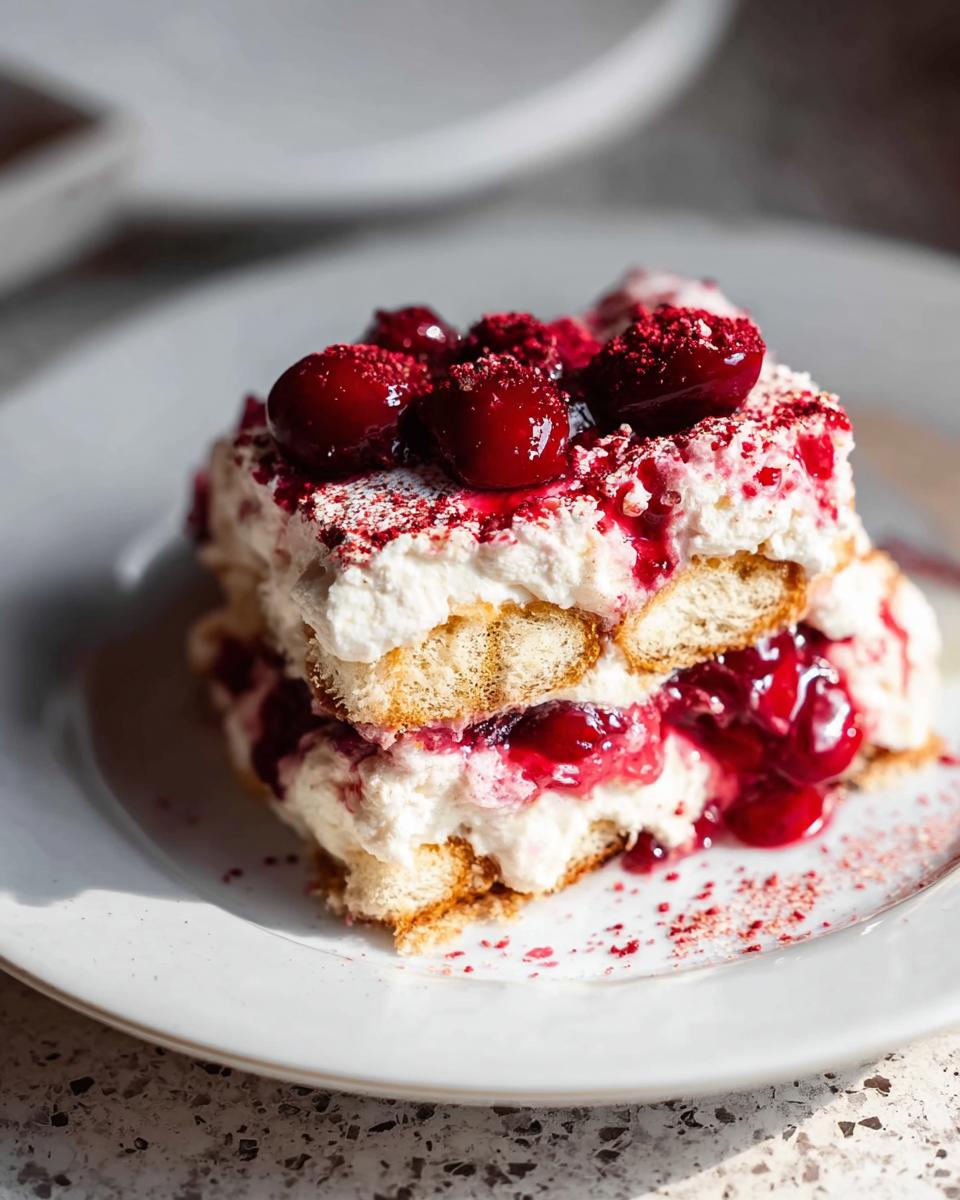 A decadent slice of Cherry Amaretto Tiramisu, layered with ladyfingers, cream, and cherries, topped with fresh cherries and dusting.