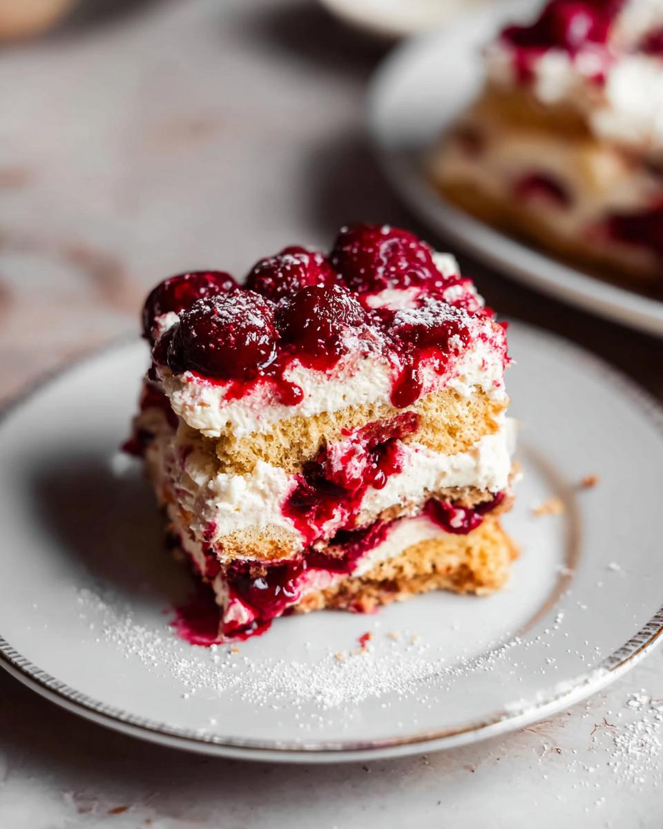 A decadent slice of Cherry Amaretto Tiramisu, layered with cream, cake, and a rich cherry compote.