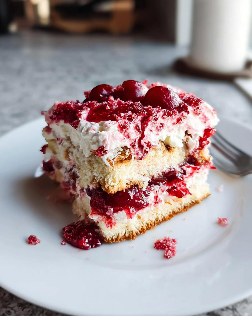 A decadent slice of Cherry Amaretto Tiramisu, layered with cake, cream, and cherry compote, topped with fresh cherries.