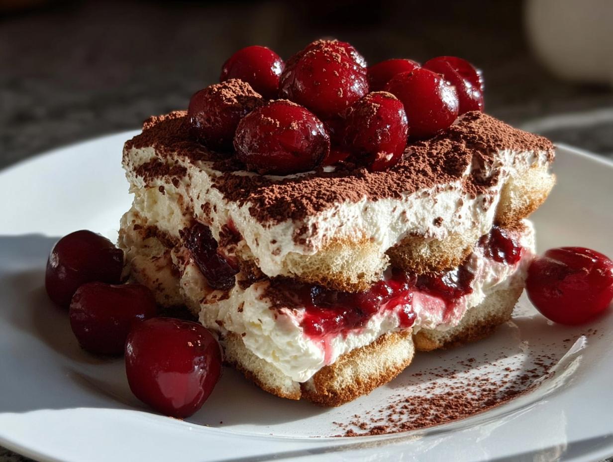 A delicious slice of Cherry Amaretto Tiramisu topped with fresh cherries and dusted with cocoa powder.