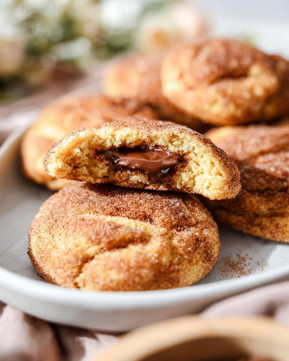 A close-up of a chewy churro cookie, split open to reveal a gooey chocolate filling.