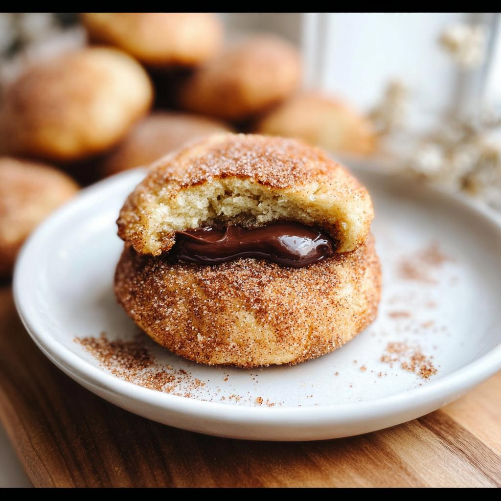 A close-up of a chewy churro cookie, coated in cinnamon sugar, with a bite taken out to reveal a rich chocolate filling.