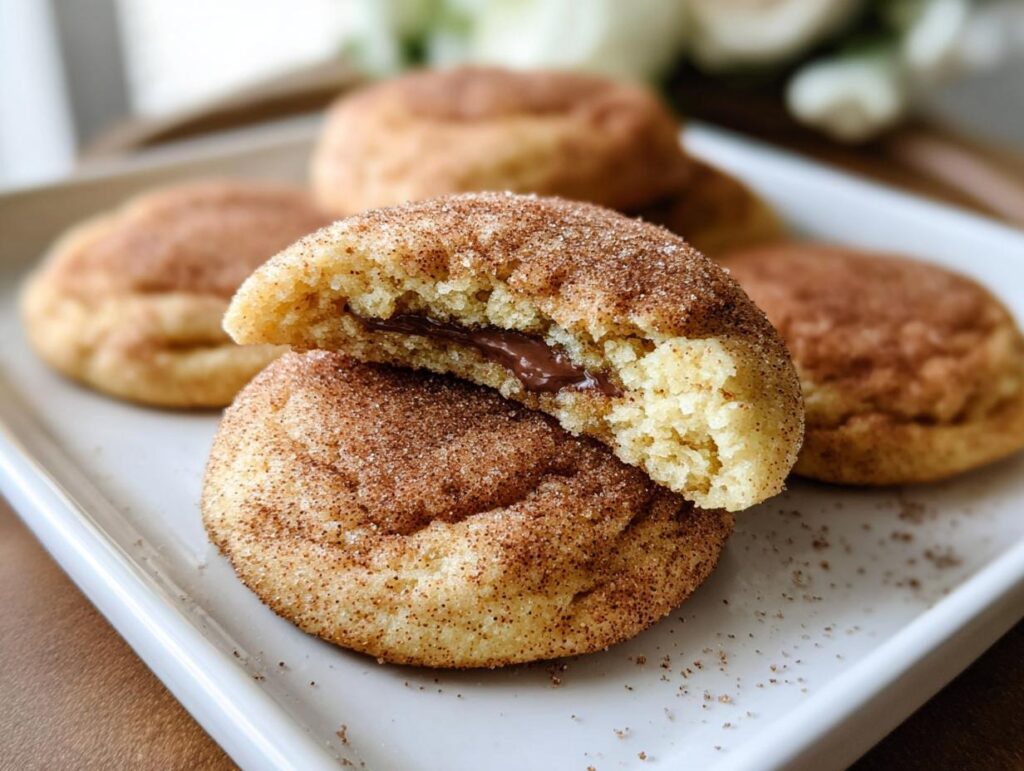 A close-up of a chewy churro cookie, split in half to reveal a rich chocolate filling.