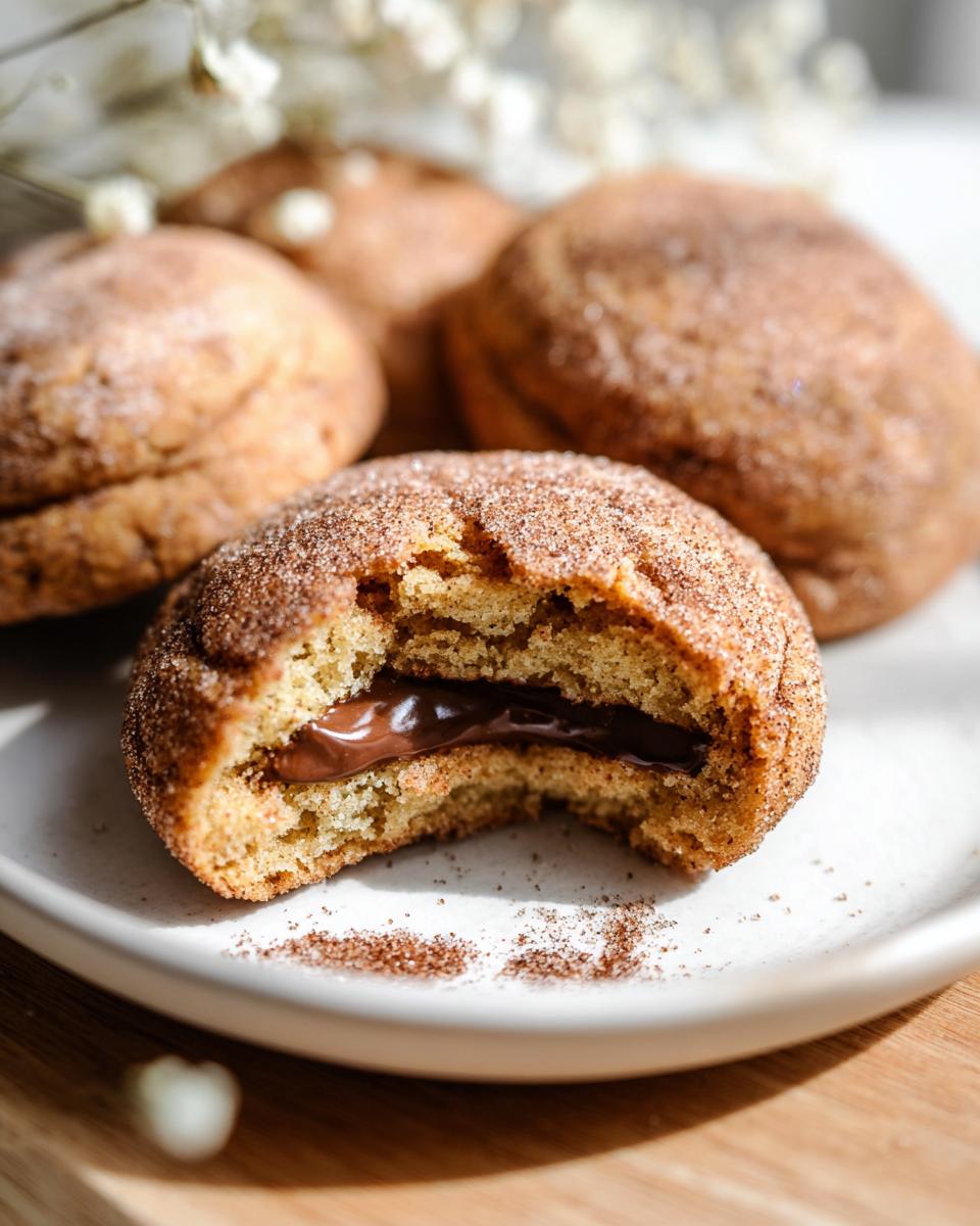 A close-up of a chewy churro cookie, broken in half to reveal a rich chocolate filling.