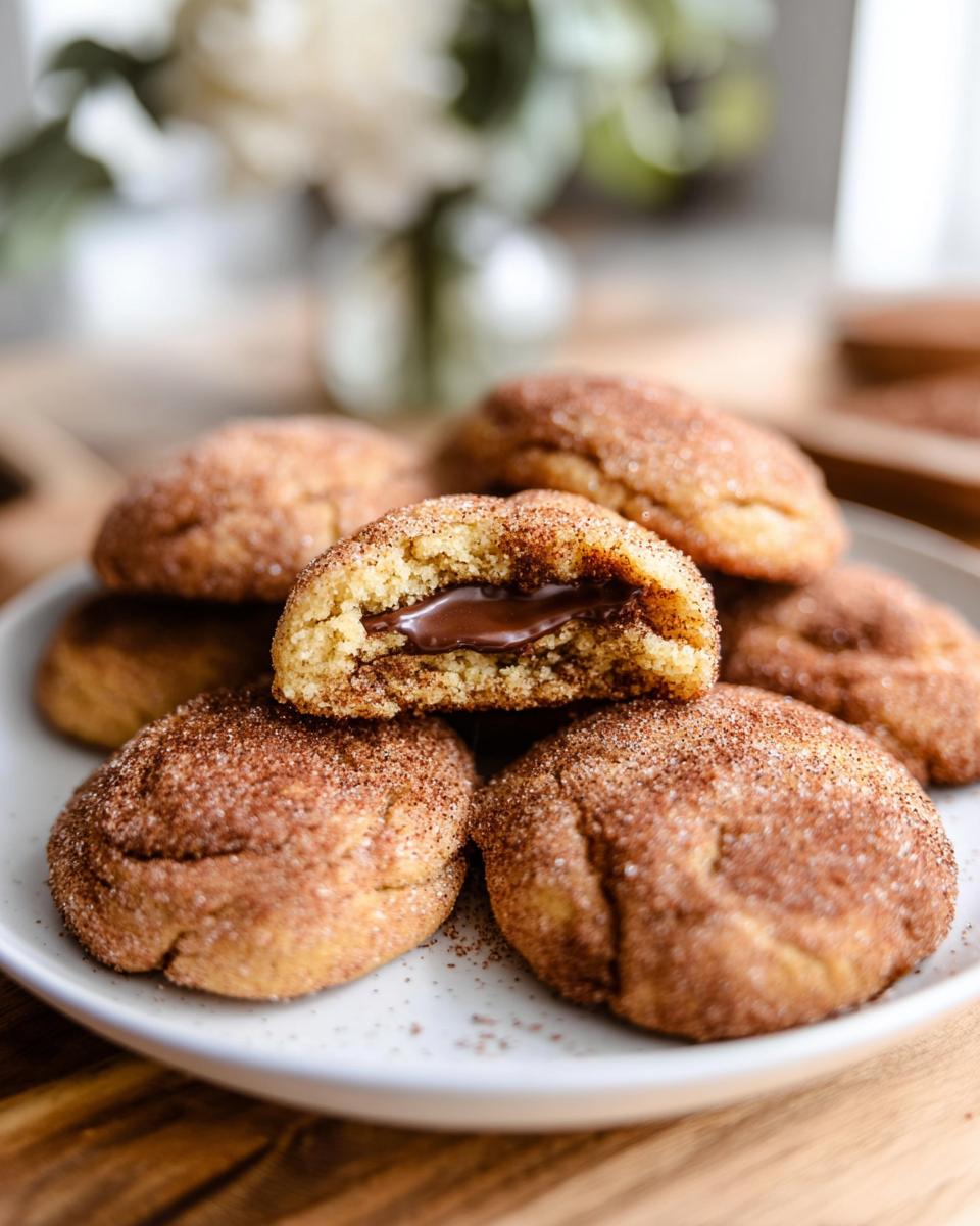 A pile of Chewy Churro Cookies, one broken in half to reveal a rich chocolate filling.