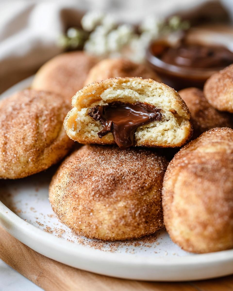 A close-up of a chewy churro cookie, split open to reveal a gooey chocolate filling.
