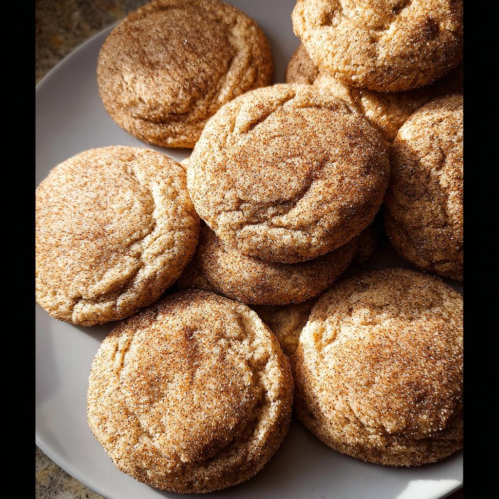 A close-up shot of a stack of chewy churro cookies, dusted with cinnamon sugar, on a gray plate.