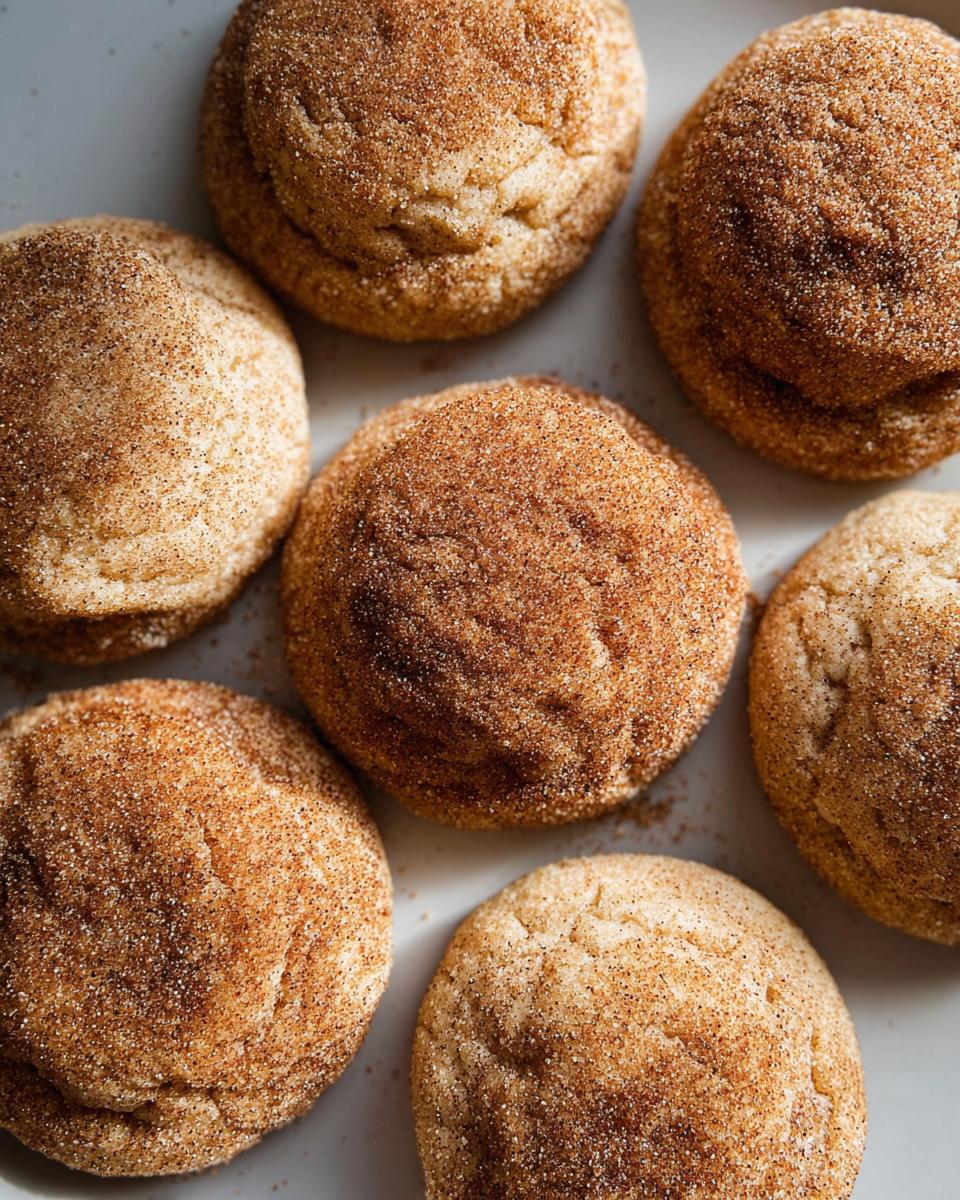 A close-up overhead view of several chewy churro cookies, generously coated in cinnamon sugar.