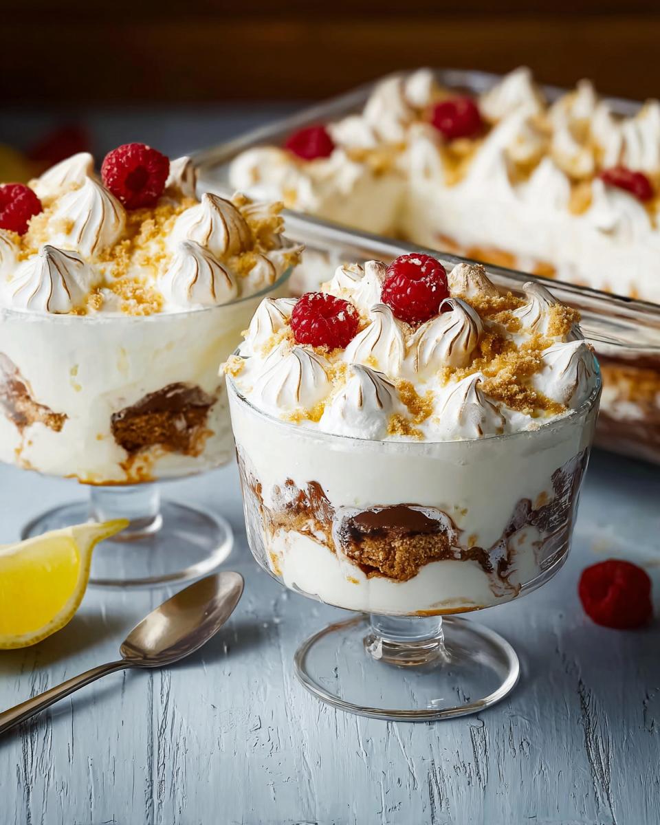Two glasses filled with Chocolade Lasagne dessert, topped with meringue, raspberries, and cookie crumbs.
