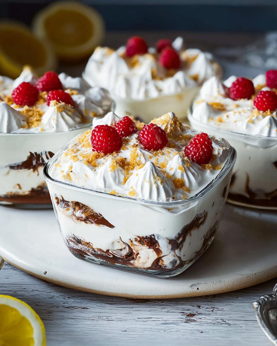 Close-up of individual servings of Chocolade Lasagne dessert in glass bowls, topped with whipped cream, raspberries, and crumble.
