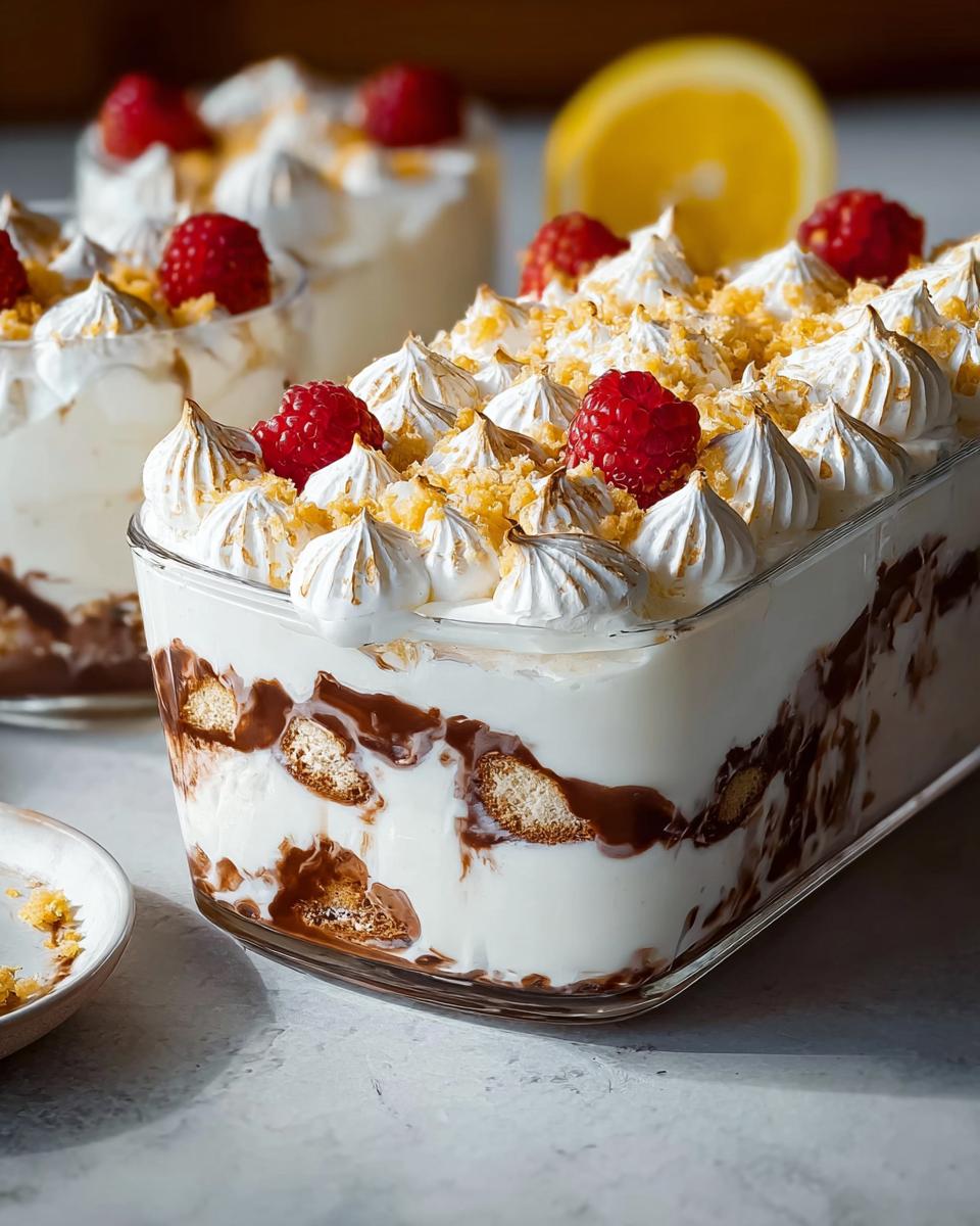 A close-up of a Chocolade Lasagne dessert in a glass dish, layered with cream, chocolate, and biscuits, topped with meringue swirls and raspberries.