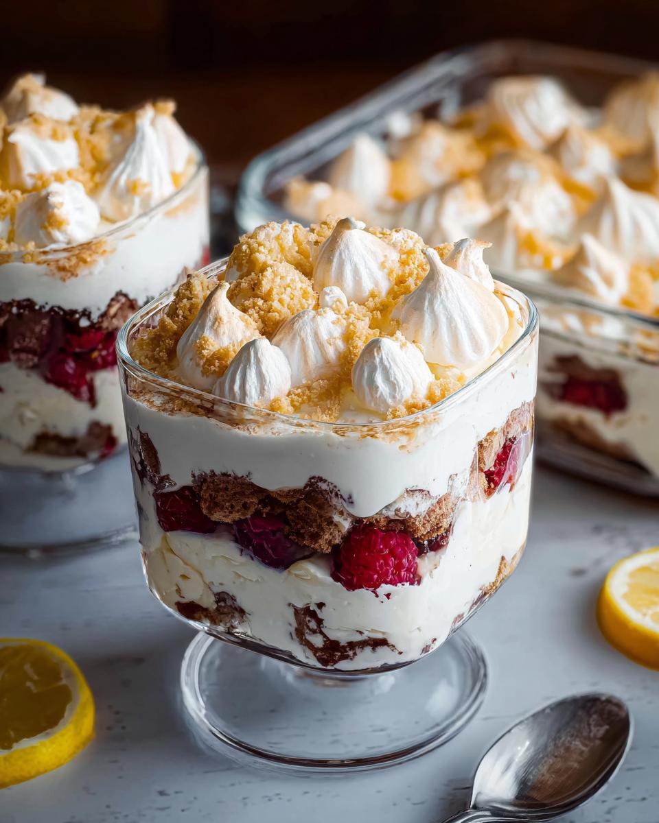 A layered Chocolade Lasagne dessert in a glass bowl, featuring cream, raspberries, chocolate cake, and meringue kisses.