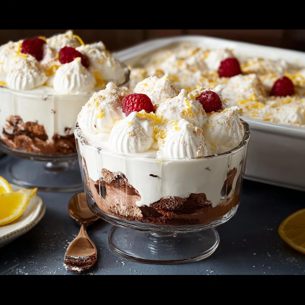 A layered Chocolade Lasagne dessert in a glass dish, topped with whipped cream, raspberries, and lemon zest.