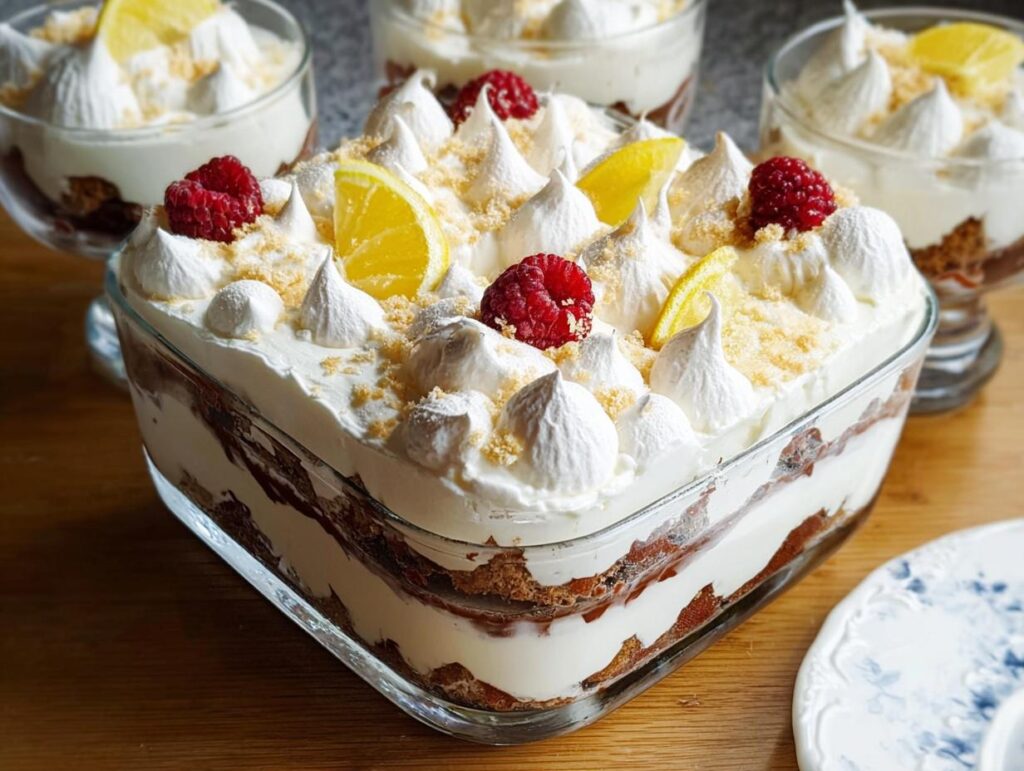 A close-up of a layered Chocolade Lasagne dessert in a glass dish, topped with meringue, raspberries, and lemon slices.