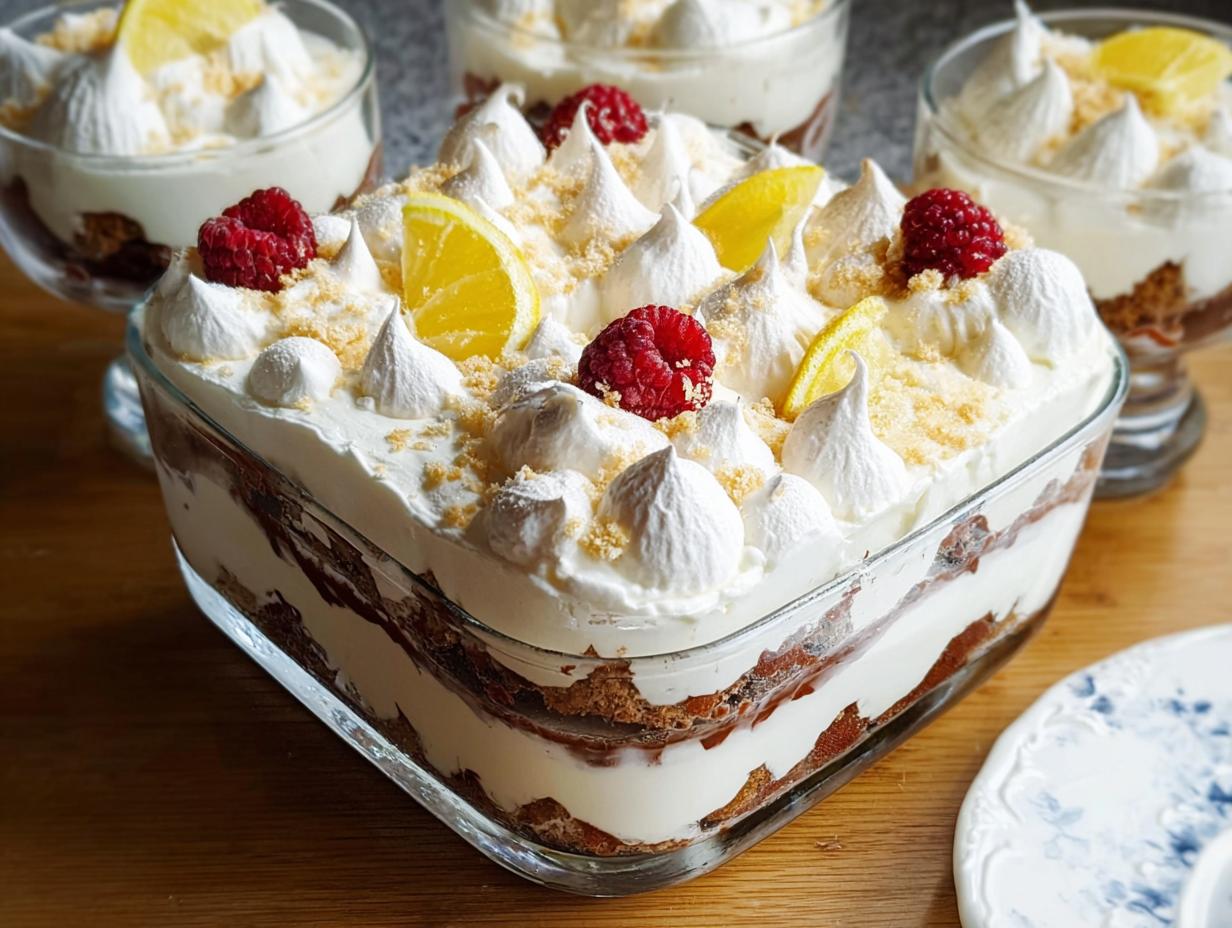 A close-up of a layered Chocolade Lasagne dessert in a glass dish, topped with meringue, raspberries, and lemon slices.