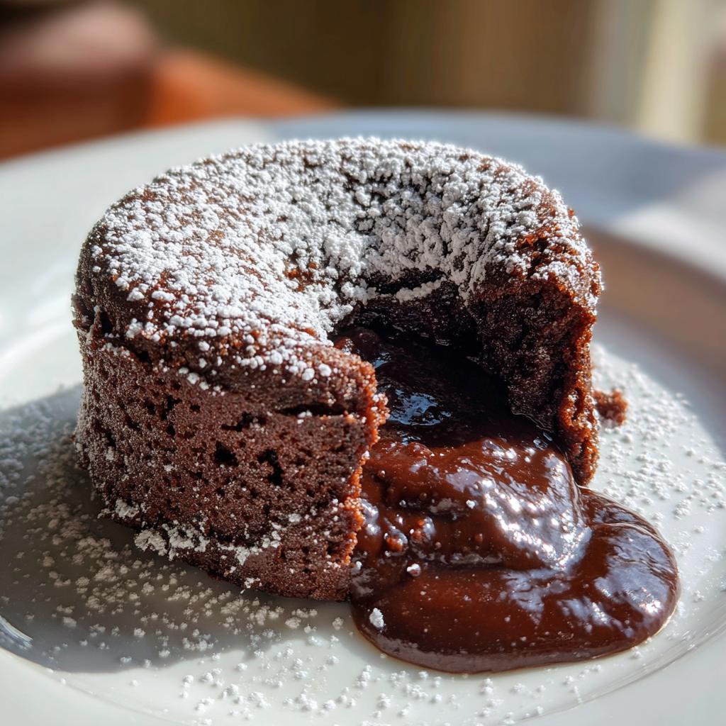 A rich chocolate lava cake with molten chocolate oozing out, dusted with powdered sugar. Perfect for dessert recipes.