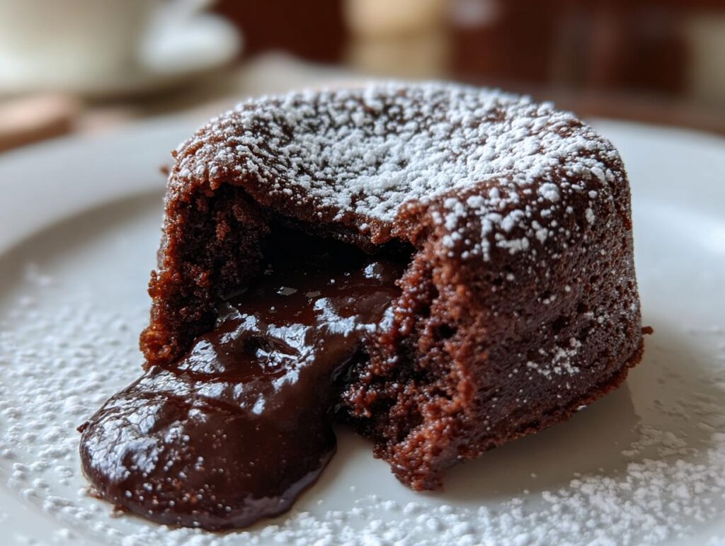 A close-up of a chocolate lava cake, dusted with powdered sugar, with a molten chocolate center oozing out.