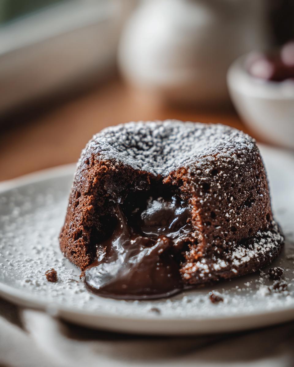 Close-up of a warm chocolate lava cake with molten chocolate oozing out, dusted with powdered sugar.