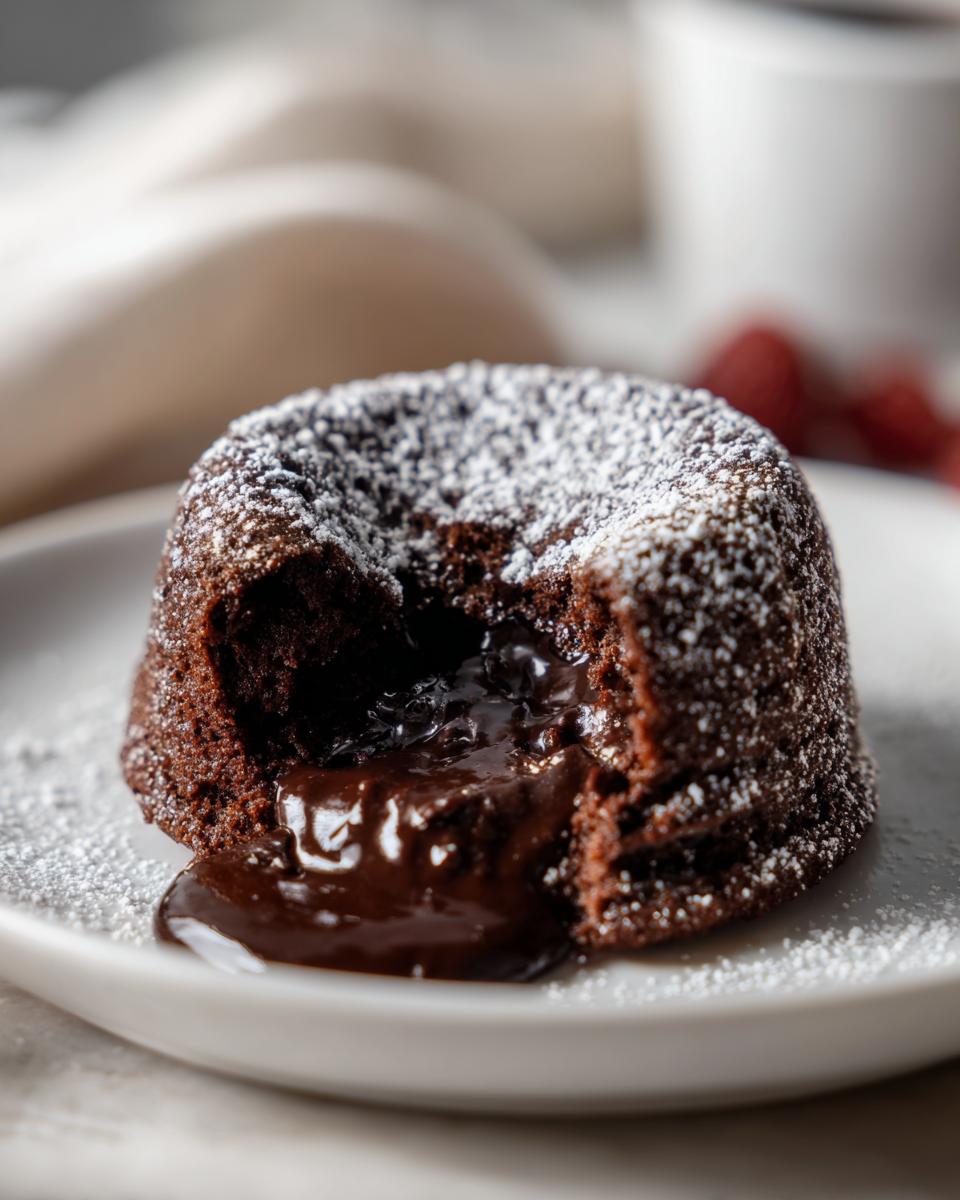 A decadent chocolate lava cake, dusted with powdered sugar, with its molten chocolate center oozing out.