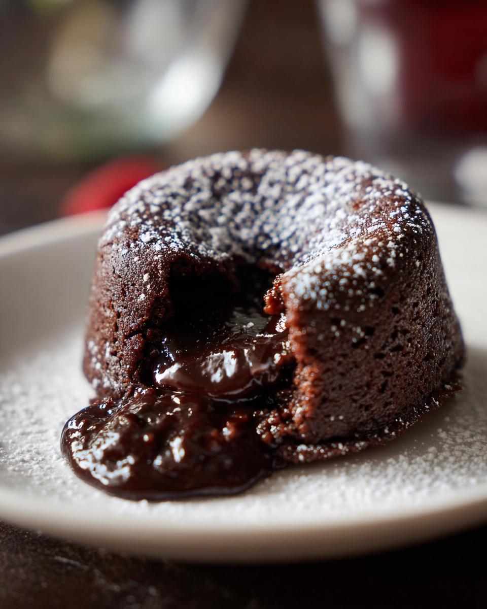 A close-up of a chocolate lava cake, dusted with powdered sugar, with molten chocolate oozing out.