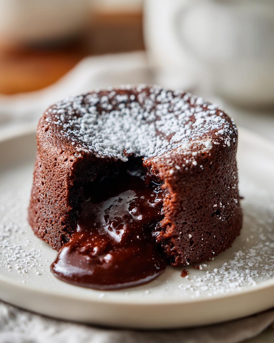 A decadent chocolate lava cake with a molten center, dusted with powdered sugar. Perfect for dessert recipes.