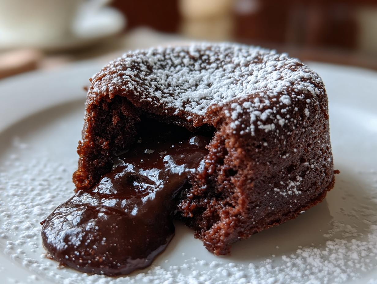 A close-up of a chocolate lava cake, dusted with powdered sugar, with a molten chocolate center oozing out.