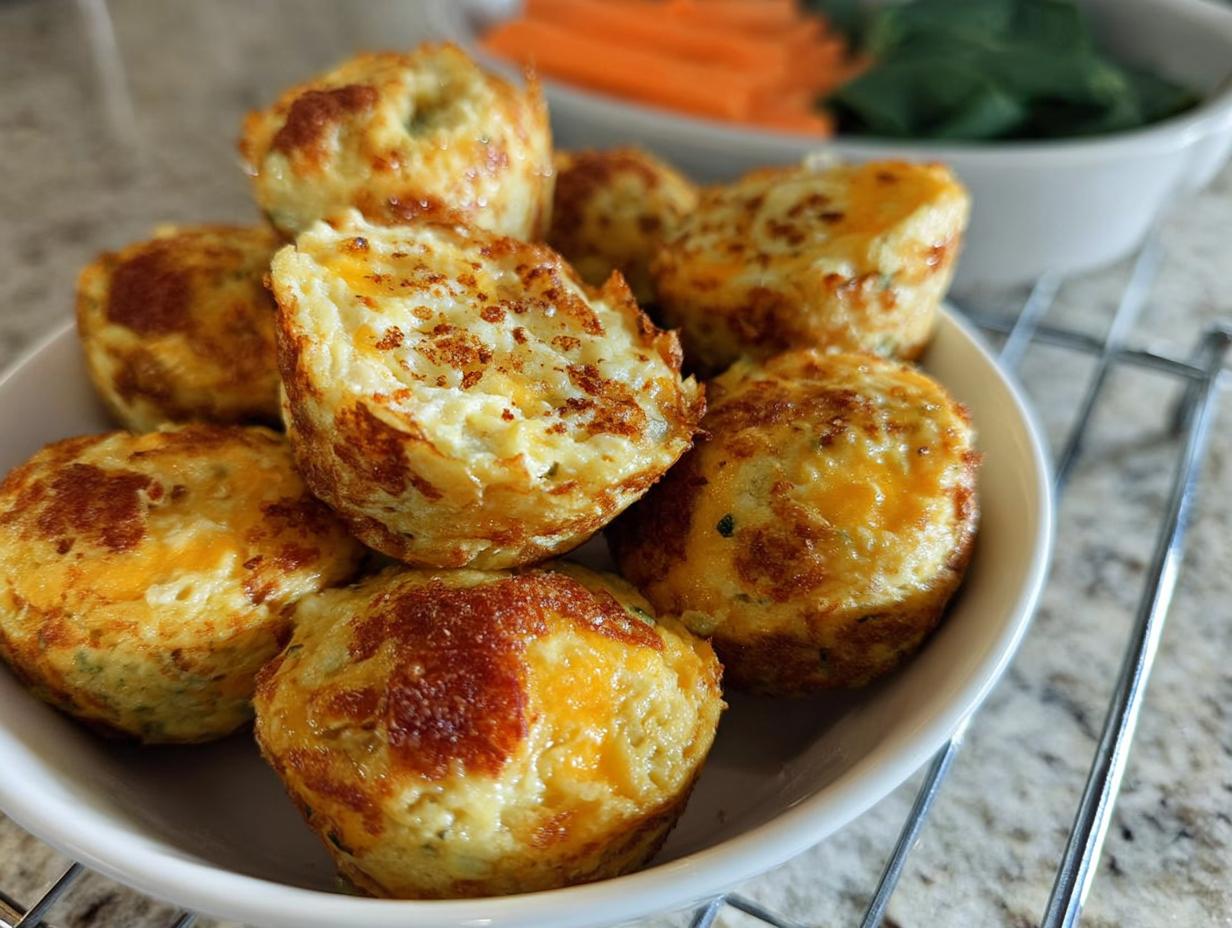 A pile of golden-brown Cinnamon Apple Cottage Cheese Bites in a white bowl, with a hint of green herbs visible.