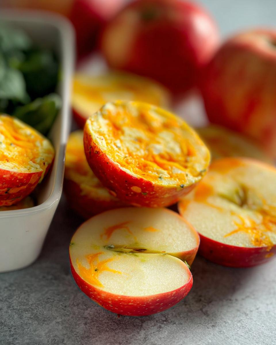 Close-up of baked Cinnamon Apple Cottage Cheese Bites, showing the apple skin and cheesy filling.
