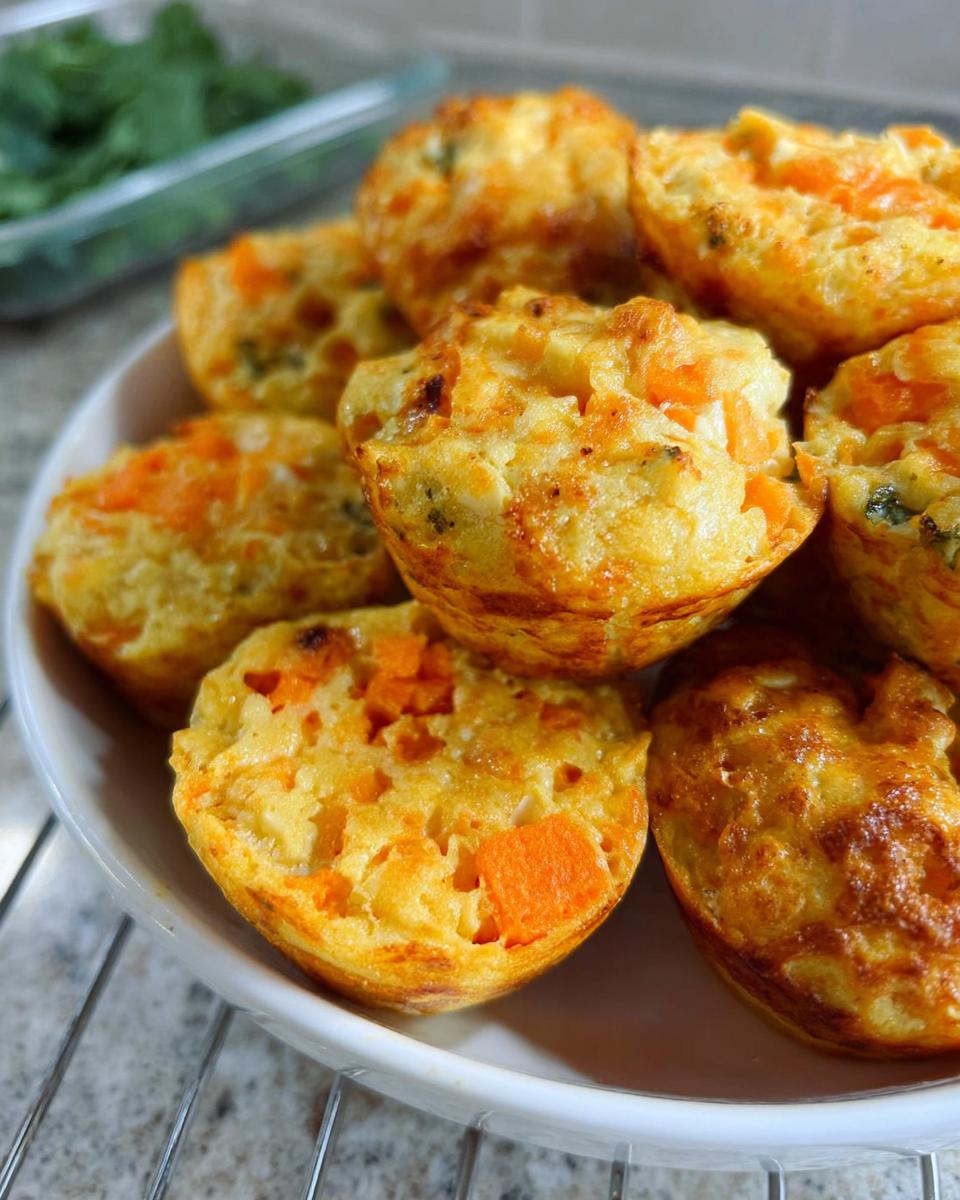 A close-up stack of golden-brown Cinnamon Apple Cottage Cheese Bites, showing visible pieces of apple and cottage cheese.