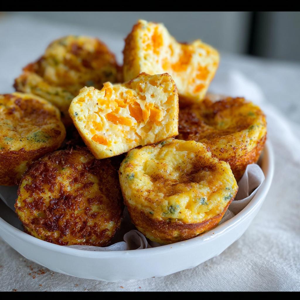 A close-up of delicious Cinnamon Apple Cottage Cheese Bites, with one bite cut in half showing the cheesy interior.